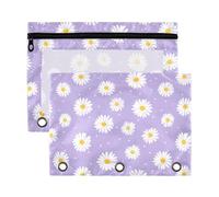 Mnsruu Purple Background Daisy 3 Rings Binder Pouch Pencil Case, 2 Pack Pencil Pouches with Zipper, Clear Window Cosmetic Bag