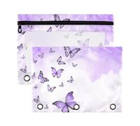 Mnsruu Purple Butterflies 3 Rings Binder Pouch Pencil Case, 2 Pack Pencil Pouches with Zipper, Clear Window Cosmetic Bag
