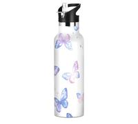 Mnsruu Purple Butterflies Blue Butterfly Water Bottle Stainless Steel Drink Flask with Straw Cap Insulated Bottle for Boys Girls Sports 20 oz (600 ml)