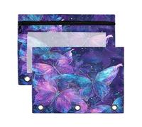 Mnsruu Purple Butterflies Flowers 3 Rings Binder Pouch Pencil Case, 2 Pack Pencil Pouches with Zipper, Clear Window Cosmetic Bag