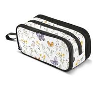 Mnsruu Purple Butterflies Wild Flowers Pencil Case Large Capacity Pen Pouch Pencil Bag with 3 Compartments Pen Holder Organizer Stationery Bag
