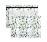 Mnsruu Purple Daisy and Leaves 3 Rings Binder Pouch Pencil Case, 2 Pack Pencil Pouches with Zipper, Clear Window Cosmetic Bag