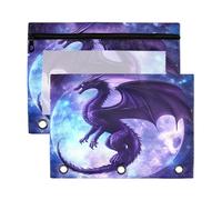Mnsruu Purple Dragon Moon 3 Rings Binder Pouch Pencil Case, 2 Pack Pencil Pouches with Zipper, Clear Window Cosmetic Bag