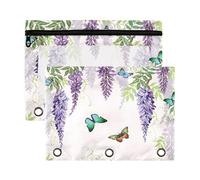 Mnsruu Purple Flowers Butterflies Wisteria 3 Rings Binder Pouch Pencil Case, 2 Pack Pencil Pouches with Zipper, Clear Window Cosmetic Bag