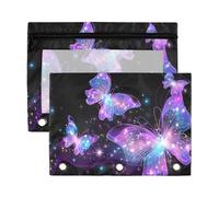 Mnsruu Purple Glowing Butterflies 3 Rings Binder Pouch Pencil Case, 2 Pack Pencil Pouches with Zipper, Clear Window Cosmetic Bag