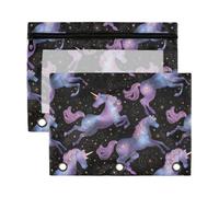 Mnsruu Purple Unicorn Starry Sky 3 Rings Binder Pouch Pencil Case, 2 Pack Pencil Pouches with Zipper, Clear Window Cosmetic Bag
