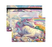 Mnsruu Rainbow Unicorn Flower 3 Rings Binder Pouch Pencil Case, 2 Pack Pencil Pouches with Zipper, Clear Window Cosmetic Bag