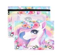 Mnsruu Rainbow Unicorn Flower Butterfly 3 Rings Binder Pouch Pencil Case, 2 Pack Pencil Pouches with Zipper, Clear Window Cosmetic Bag