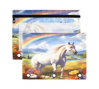 Mnsruu Rainbow White Horse Flower 3 Rings Binder Pouch Pencil Case, 2 Pack Pencil Pouches with Zipper, Clear Window Cosmetic Bag