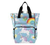 Mnsruu Rainbow White Unicorn Flower Pattern Baby Diaper Bag Backpack Large Bag Waterproof Travel Diaper Bags for Moms and Dads