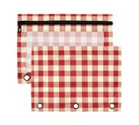 Mnsruu Red and White Woven Tartan Plaid Pattern 3 Rings Binder Pouch Pencil Case, 2 Pack Pencil Pouches with Zipper, Clear Window Cosmetic Bag