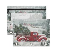 Mnsruu Red Christmas Truck Snow Winter 3 Rings Binder Pouch Pencil Case, 2 Pack Pencil Pouches with Zipper, Clear Window Cosmetic Bag