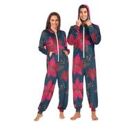 Mnsruu Red Flower Pattern Adult Onesie Pajama Jumpsuit Zippered Sleepwear Homewear Party One Piece Suit