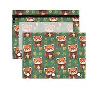Mnsruu Red Panda Clover Leaf 3 Rings Binder Pouch Pencil Case, 2 Pack Pencil Pouches with Zipper, Clear Window Cosmetic Bag