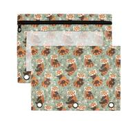 Mnsruu Red Panda Flowers 3 Rings Binder Pouch Pencil Case, 2 Pack Pencil Pouches with Zipper, Clear Window Cosmetic Bag