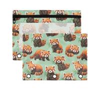 Mnsruu Red Panda Green Pattern 3 Rings Binder Pouch Pencil Case, 2 Pack Pencil Pouches with Zipper, Clear Window Cosmetic Bag