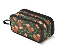 Mnsruu Red Panda Leaf Green Pencil Case Large Capacity Pen Pouch Pencil Bag with 3 Compartments Pen Holder Organizer Stationery Bag for Girls Boys and Adults