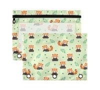 Mnsruu Red Panda Leaves Pattern 3 Rings Binder Pouch Pencil Case, 2 Pack Pencil Pouches with Zipper, Clear Window Cosmetic Bag