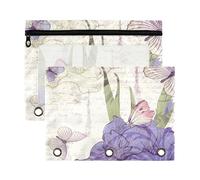 Mnsruu Retro Purple Flowers Butterflies 3 Rings Binder Pouch Pencil Case, 2 Pack Pencil Pouches with Zipper, Clear Window Cosmetic Bag