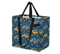 Mnsruu Reusable Grocery Bags Colorful Monster Trucks Dark Blue Large Shopping Bags Durable Canvas Heavy Duty Tote Bag Foldable Multi Purpose Tote