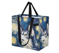 Mnsruu Reusable Grocery Bags Husky Dog Van Gogh's Starry Sky Large Shopping Bags Durable Canvas Heavy Duty Tote Bag Foldable Multi Purpose Tote