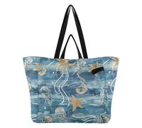 Mnsruu Reusable Grocery Bags Jellyfish Nautical Blue Ocean Large Shopping Bags Durable Canvas Heavy Duty Tote Bag Foldable Multi Purpose Tote