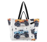 Mnsruu Reusable Grocery Bags Monster Trucks White Large Shopping Bags Durable Canvas Heavy Duty Tote Bag Foldable Multi Purpose Tote