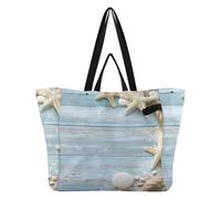 Mnsruu Reusable Grocery Bags Starfish Wooden Seashell Nautical Large Shopping Bags Durable Canvas Heavy Duty Tote Bag Foldable Multi Purpose Tote