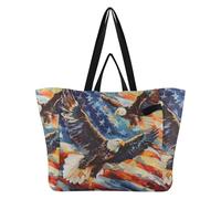 Mnsruu Reusable Grocery Bags Two Sea Eagles American Flag Bald Eagle Large Shopping Bags Durable Canvas Heavy Duty Tote Bag Foldable Multi Purpose Tote