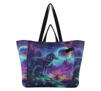 Mnsruu Reusable Grocery Bags Wolf Starry Sky Galaxy Large Shopping Bags Durable Canvas Heavy Duty Tote Bag Foldable Multi Purpose Tote