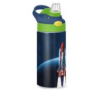 Mnsruu Rocket Ship Earth Space Kids Water Bottle with Straw Insulated Stainless Steel Drink Bottle for Boys Girls School 350ml Leakproof Vacuum Hot Cold Water Flask