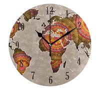 Mnsruu Round World Map Mandala Wall Clock Silent Non Ticking Operated Accurate Sweep Movement,Decorative for Living Room, Bedroom, Office