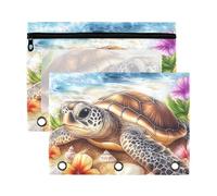 Mnsruu Sea Turtle Beach Flower 3 Rings Binder Pouch Pencil Case, 2 Pack Pencil Pouches with Zipper, Clear Window Cosmetic Bag