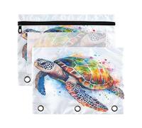 Mnsruu Sea Turtle Watercolor Colorful 3 Rings Binder Pouch Pencil Case, 2 Pack Pencil Pouches with Zipper, Clear Window Cosmetic Bag