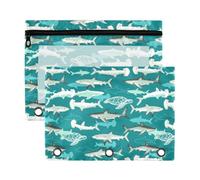 Mnsruu Shark Green Pattern 3 Rings Binder Pouch Pencil Case, 2 Pack Pencil Pouches with Zipper, Clear Window Cosmetic Bag