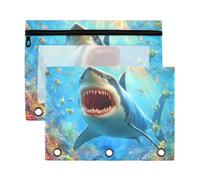 Mnsruu Sharks Coral Small Fish 3 Rings Binder Pouch Pencil Case, 2 Pack Pencil Pouches with Zipper, Clear Window Cosmetic Bag