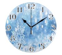 Mnsruu Snowflake Ice Blue Christmas Clock Wall Clock for Living Room Silent Non-Ticking Round Clock 25cm Easy to Read Clocks Kitchen Home Decorative