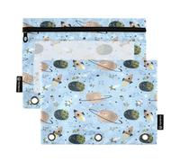 Mnsruu Space Rocket Planet Star Pattern Pencil Pouch for 3 Ring Binder, 2 PCS Binder Pencil Pouch with Zipper, Clear Window Zipper Pencil Case Pencil Bags for School Office Supplies
