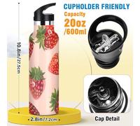 Mnsruu Strawberry Pink Pattern Water Bottle Stainless Steel Drink Flask with Straw Cap Insulated Bottle for Boys Girls Sports 20 oz (600 ml)
