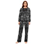 Mnsruu Sugar Skull Butterfly Rose Flower Flannel Pajamas Set for Women 2 Piece Long Sleeve Sleepwear Nightwear Lounge Sets L Multicolor
