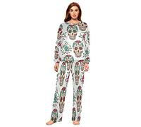Mnsruu Sugar Skull Flower Day of the Dead Flannel Pajamas Set for Women 2 Piece Long Sleeve Sleepwear Nightwear Lounge Sets S Multicolor