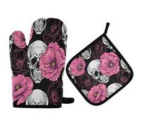Mnsruu Sugar Skull Pink Poppy Flower Day of the Dead Oven Mitt and Pot Holder Set Heat Resistant Kitchen Glove for Cooking Baking Grilling Barbecue