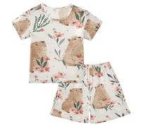 Mnsruu Summer Pyjamas Set for Girls Boys Pink Flowers Capybara Seamless Short Sleeve and Pants PJS Children Loungewear,6Y