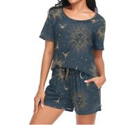 Mnsruu Sun Stars Moon Moth Womens Pyjamas Sets Short Sleeves, Ladies Pajamas Pjs Set Loungewear with Pocket Size L