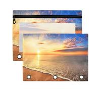 Mnsruu Sunrise Beach 3 Rings Binder Pouch Pencil Case, 2 Pack Pencil Pouches with Zipper, Clear Window Cosmetic Bag
