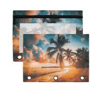 Mnsruu Sunrise Palm Tree Beach 3 Rings Binder Pouch Pencil Case, 2 Pack Pencil Pouches with Zipper, Clear Window Cosmetic Bag