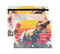 Mnsruu T-rex Miami Sunset 3 Rings Binder Pouch Pencil Case, 2 Pack Pencil Pouches with Zipper, Clear Window Cosmetic Bag
