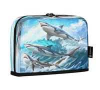 Mnsruu Three Beautiful Sharks Jumped Over The Waves Standing Pencil Case, Large Capacity Pen Bag for Boys Girls Multi-Layer Pen Pouch Pencil Holder Stationery Organizer for School Office Work