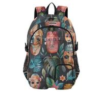 Mnsruu Tiki Masks and Tropical Leaves School Backpack with Laptop Compartment, Big School Bag for Teenager Girls Boys, 17.5 Travel Rucksack Backpack for School Casual Daypacks College Work