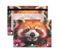 Mnsruu Tropical Flowers Red Panda 3 Rings Binder Pouch Pencil Case, 2 Pack Pencil Pouches with Zipper, Clear Window Cosmetic Bag